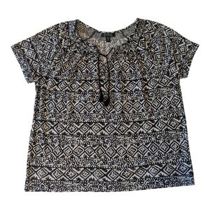 Lauren Ralph Lauren Boho Cotton Black Print Tassel Tie V-Neck SS Top Women's 1X